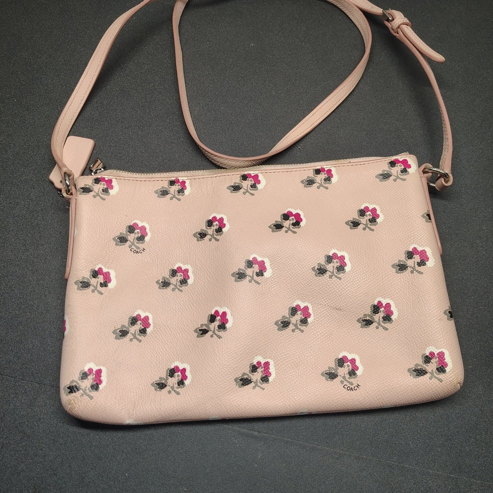 Coach Crossbody Bag Women Small Pink Floral Print Pebbled Leather Purse - Picture 7 of 9